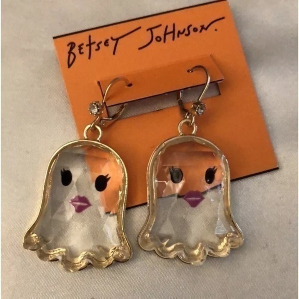 Betsey Johnson Gold Tone & Clear Acrylic Ghost Drop Earrings